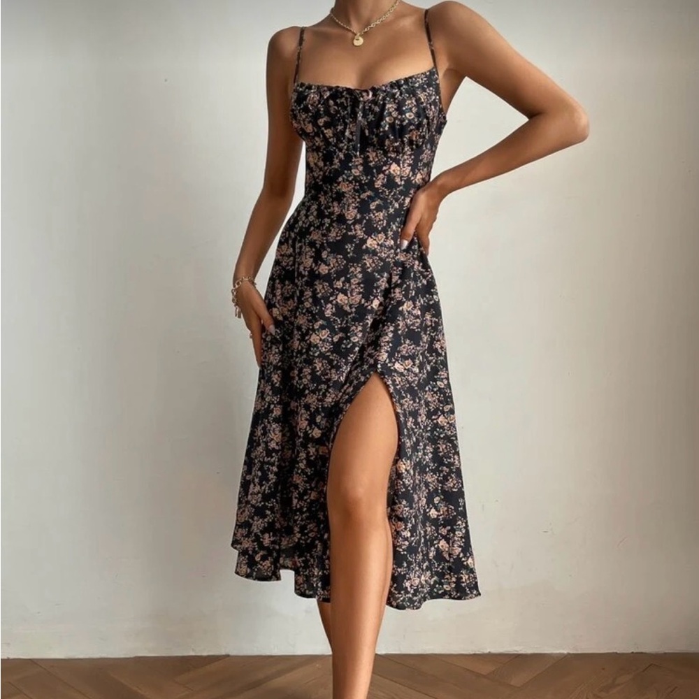 SHEIN Black Floral Midi Dress with Pink Flowers